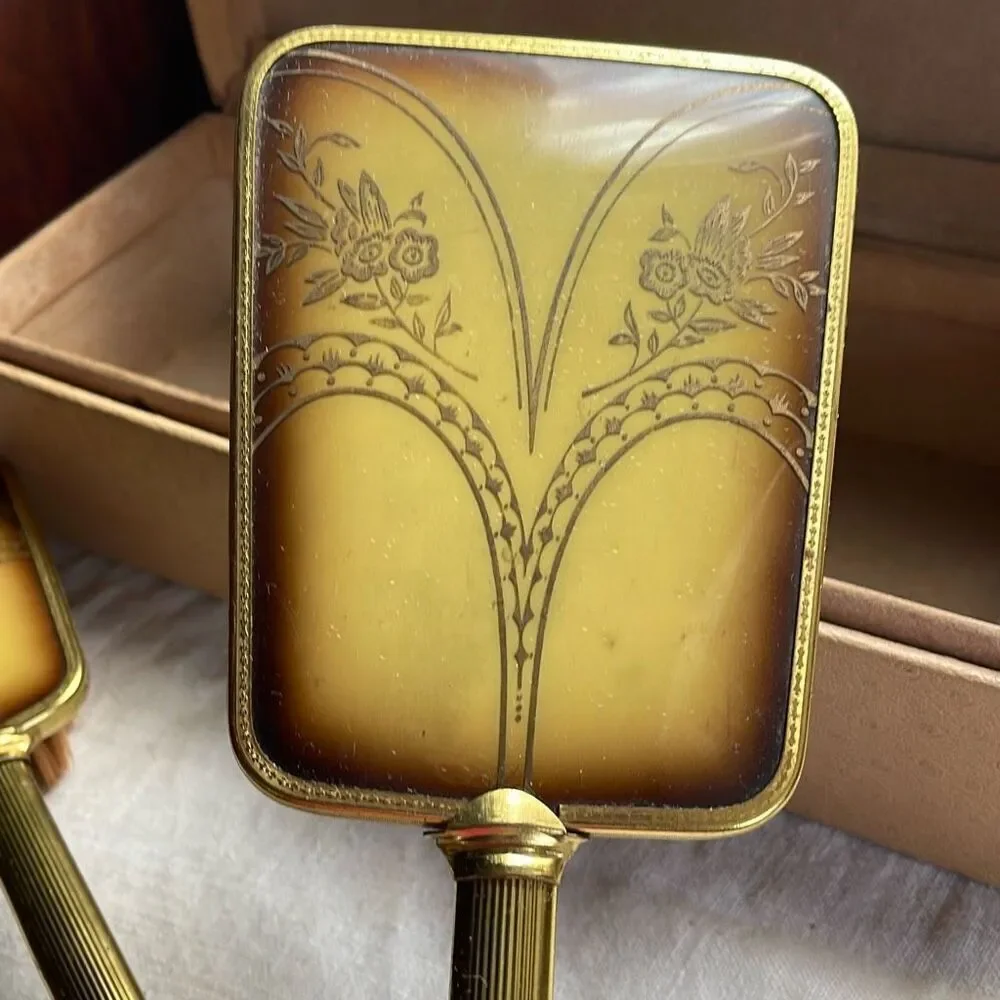 VTG Midcentury vanity set Art Nouveau styles brush & mirror in box.